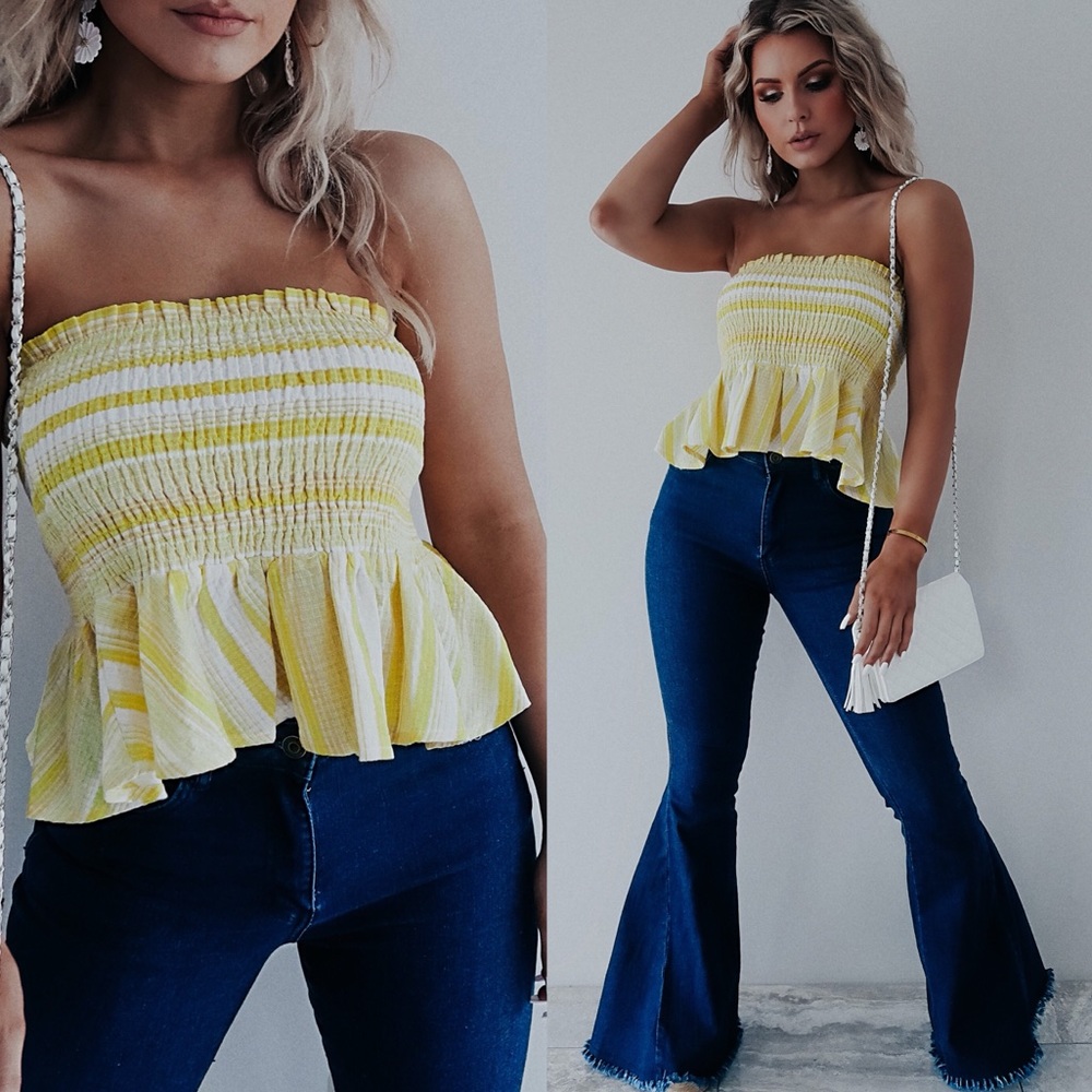 . Shop Hope's Yellow & White Striped Strapless Smocked Ruffled Top